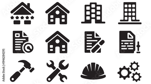 Real estate and maintenance service icons with office buildings house symbols and hand tools
