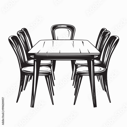 Elegant Wooden Dining Table With Chairs Neatly Arranged Vector