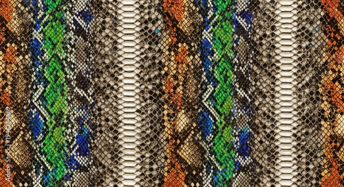 Vibrant pattern of snakeskin texture with colorful scales and intricate details