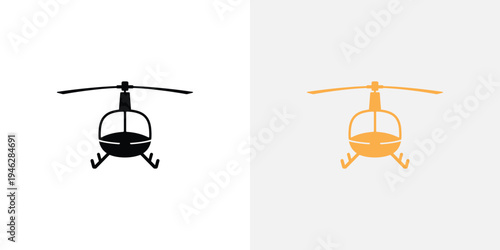 A black and orange helicopter icon on a white background for design and transportation themes