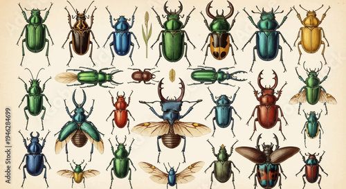 A detailed illustration pattern of various beetles and insects on a vintage background