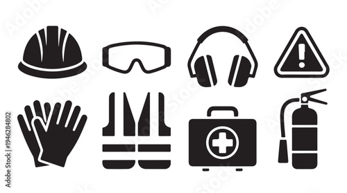 Industrial safety equipment set including helmet gloves goggles vest first aid and fire kit