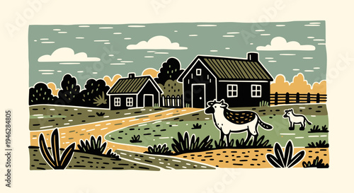 Two dogs in a rural landscape with houses and trees.