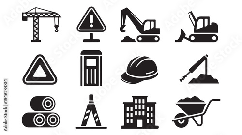 Heavy construction machinery and building site elements including crane excavator and tools