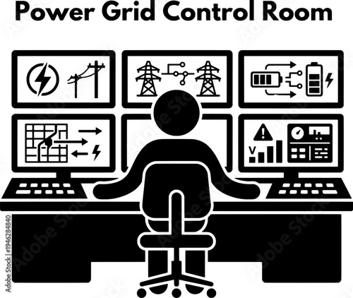 Power Grid Control Room Operator Monitoring Energy Utility System Vector Icon