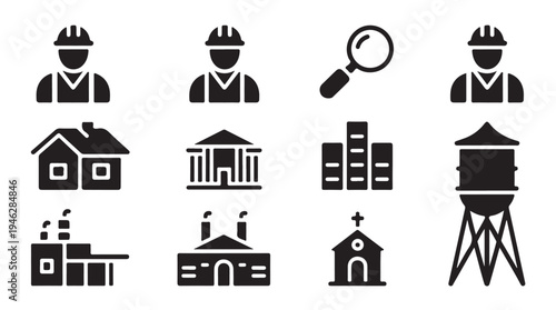 People and building architecture icons set with magnifying glass and water tower symbols