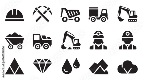 Mining and construction industry icons set with hard hat pickaxe excavator and diamond