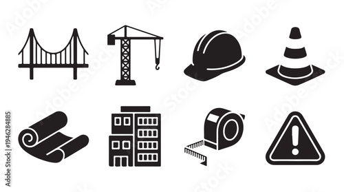 Construction and building work icons set including bridge crane hard hat and warning sign