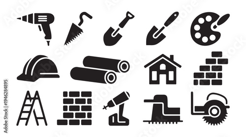 Building and construction work icons set including drill shovel bricks and ladder
