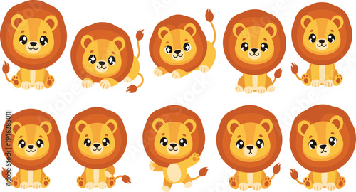 Cute Lion Character Set with Sitting, Walking and Playing Poses Cartoon Safari Wildlife Animal Vector Illustration Collection for Kids and Nursery Designs.