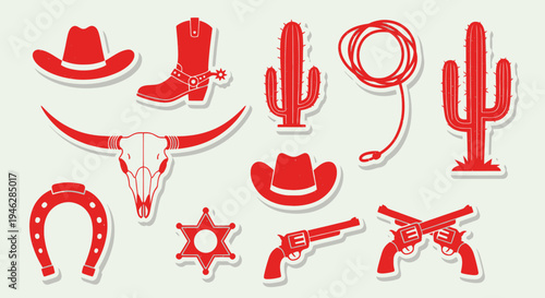 Wild West Cowboy Icon Collection Red Western Symbols.