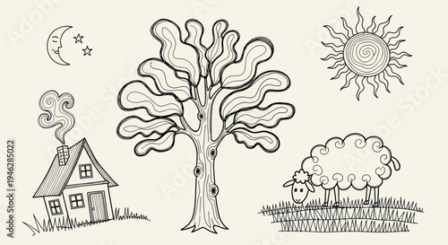 Whimsical Hand Drawn Elements Featuring a Sheep and a Tree.