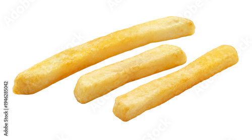 Tableau sur toile Three perfectly golden-brown french fries, deep-fried to a crispy perfection, presented as a delicious, classic fast