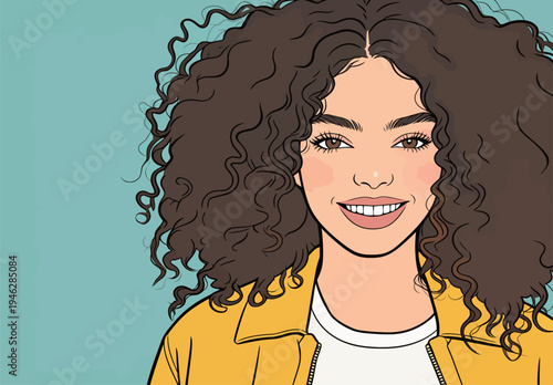 A person with curly hair smiles while wearing a yellow jacket. The background is plain blue, and their expression shows joy.