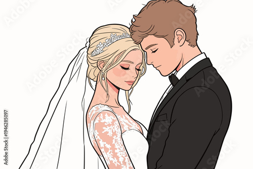 A couple stands close during their wedding ceremony. They are dressed in formal clothing and share an intimate moment.