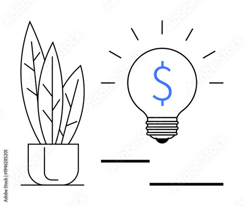 Financial planning, innovation, energy savings, investment growth, economic development, creative ideas. Lightbulb with dollar sign next to potted plant. Financial planning and innovation concept