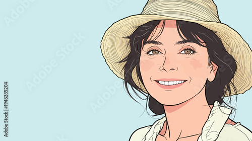 A woman wearing a straw hat smiles at the camera with a light blue background. She enjoys the sunny day outside.