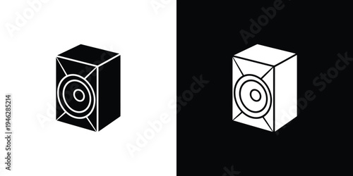 Black and white cube speaker on split background symbol
