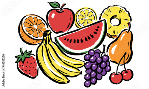 Eat well live well. Fresh harvest fruit medley vintage t-shirt design. Organic orchard produce art for poster, sticker and vector print.