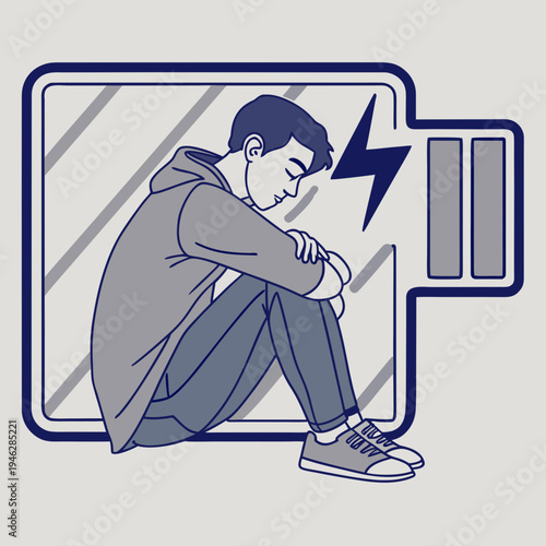 Exhausted man sits inside a low battery symbol representing personal burnout and the need for mental health rest and energy recharging in life.