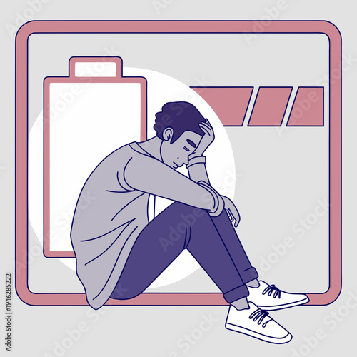 Exhausted man sits inside a low battery symbol representing personal burnout and the need for mental health rest and energy recharging in life.