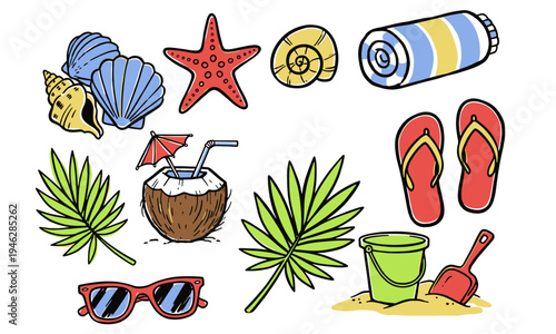 Beach club artwork. Endless summer vacation vibes. Tropical paradise elements, surf gear and seaside icons for poster, sticker, apparel design.