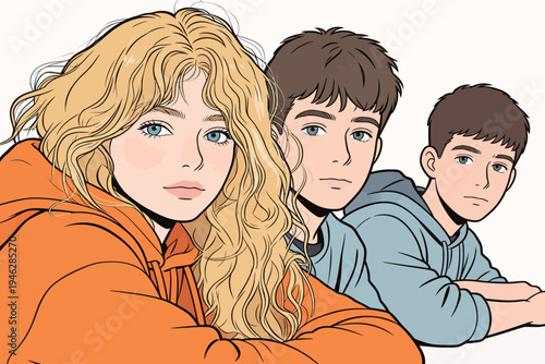 Three young individuals sit together, showing different hairstyles and clothing. They are focused on the viewer and appear to be in a casual setting.