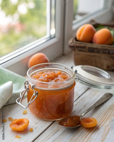 Glass jar filled with orange apricot jam with open lid beside it
