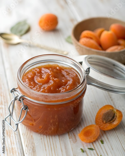 Glass jar filled with orange apricot jam with open lid beside it