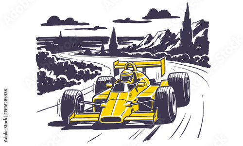 Coastal speed track. Vintage race car graphic print. Extreme racing club lifestyle. Motorsport drift artwork for t-shirt design, poster, and sticker.