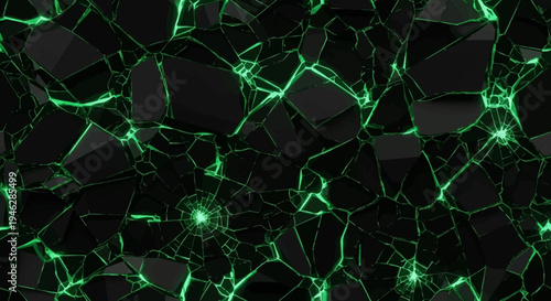 Glowing green pattern cracks spread across dark surface with bright spots
