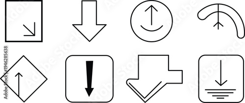Collection of black and white download with different shapes and arrow symbols square circle