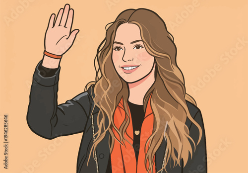 A woman with long hair waves her hand while smiling against a light background during daytime. She is dressed in a black jacket.