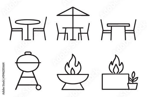 Outdoor furniture and grilling elements in a simple line art style