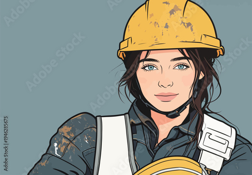 A worker stands confidently wearing a hard hat and safety gear in a construction area. Her focus shows dedication and strength.