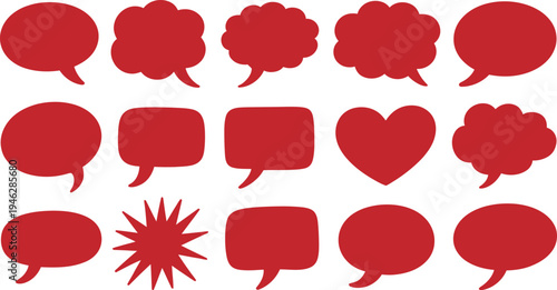Collection of red speech bubbles with various shapes including hearts and explosion dialog