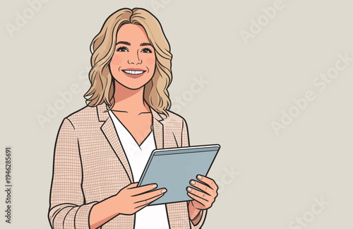 A person stands with a tablet, looking happy and engaged, inside a plain indoor space during the day.