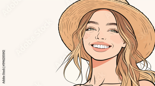 A young woman wears a straw hat and smiles with long hair flowing down. She appears happy and relaxed in a simple setting.
