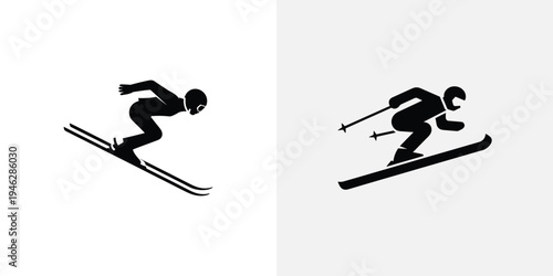 Black silhouettes of skiers in dynamic poses skiing