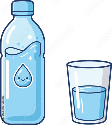 Cute water bottle and glass illustration, happy water drop character, hydration concept, healthy drinking cartoon vector isolated