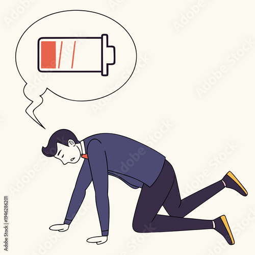 Exhausted businessman crawling on the floor with a low battery icon above his head illustrates burnout and fatigue.