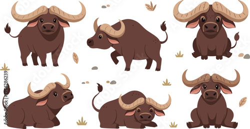 Cute African Buffalo Character Set with Standing, Walking and Sitting Poses Cartoon Safari Wildlife Animal Vector Illustration Collection for Nature Designs.