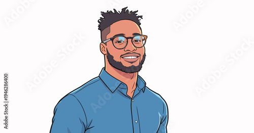 A man stands and smiles for a drawing. He has glasses and short curly hair. He is wearing a blue shirt.