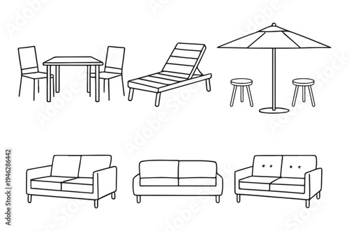 Line art illustration of outdoor and indoor furniture arrangements