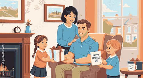 A cartoon family of four sitting together in a cozy living room with a fireplace and window, engaged in conversation and reading.