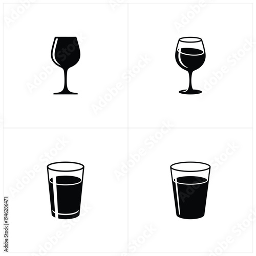 Four black and white glasses with different liquid levels