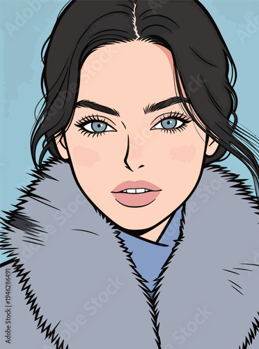 A woman looks directly at the viewer with light blue eyes and dark hair, wearing a fur coat. The background is a light color.