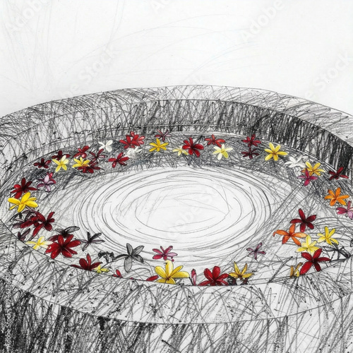 a circle of bright blossoms glowing against dark strokes, blending hand‑drawn texture with vivid, modern color
