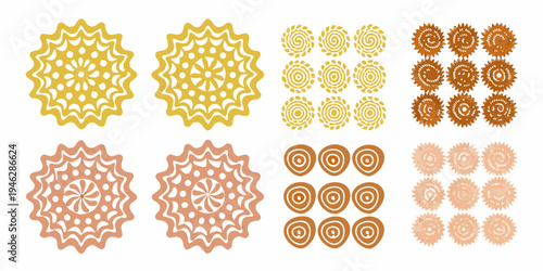 An assortment of circular floral inspired ornamental designs in warm tones