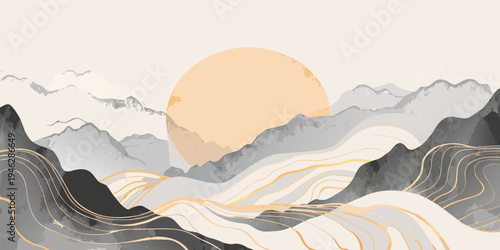 Abstract landscape with mountains water and a large golden sun